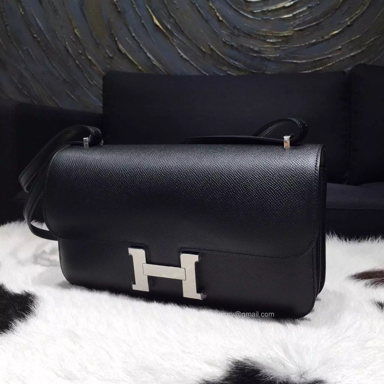 hermes black exotic leathers handbag constance  