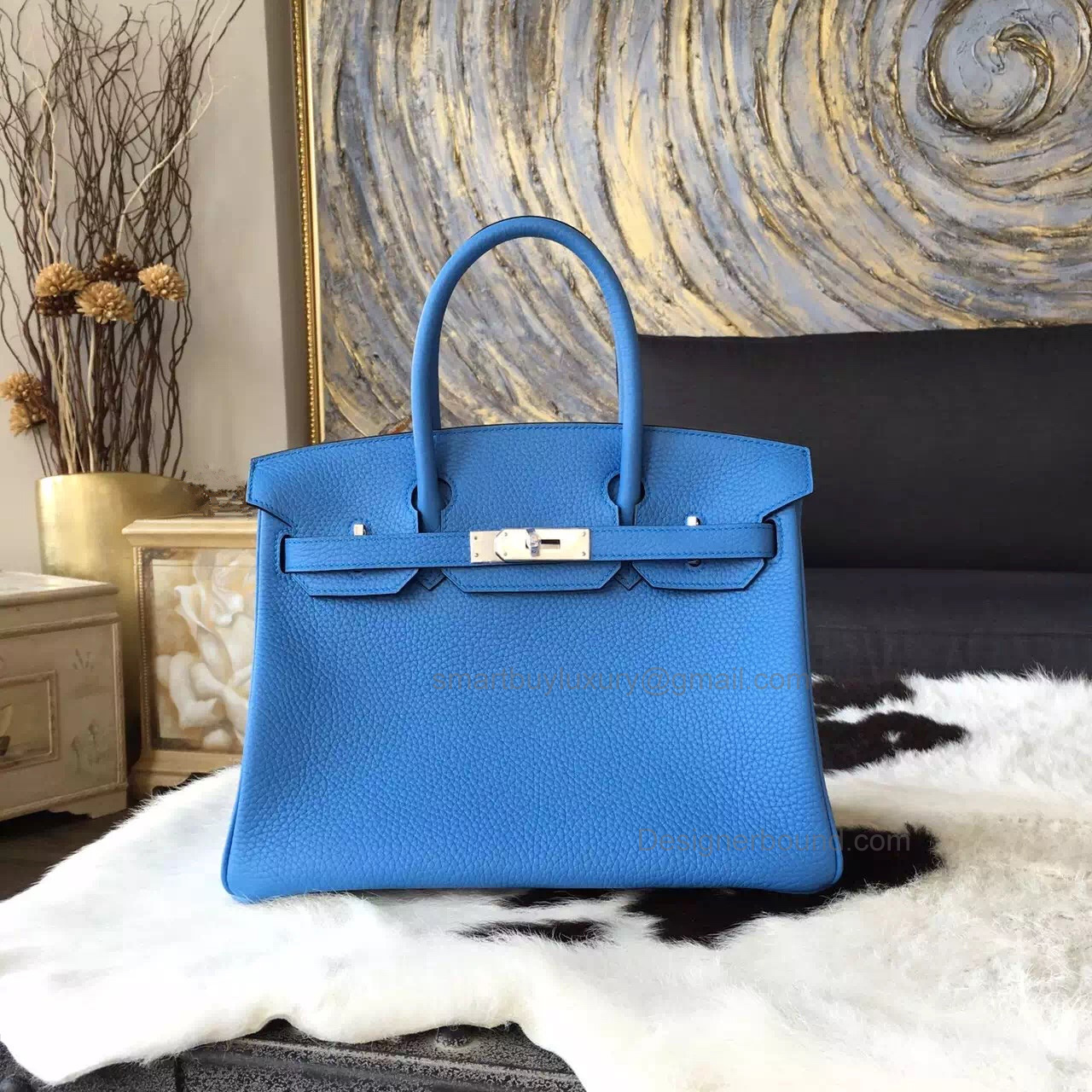 Hand Stitched Hermes Birkin 30 Bag in 2t Blue Paradise Clemence Calfskin SHW