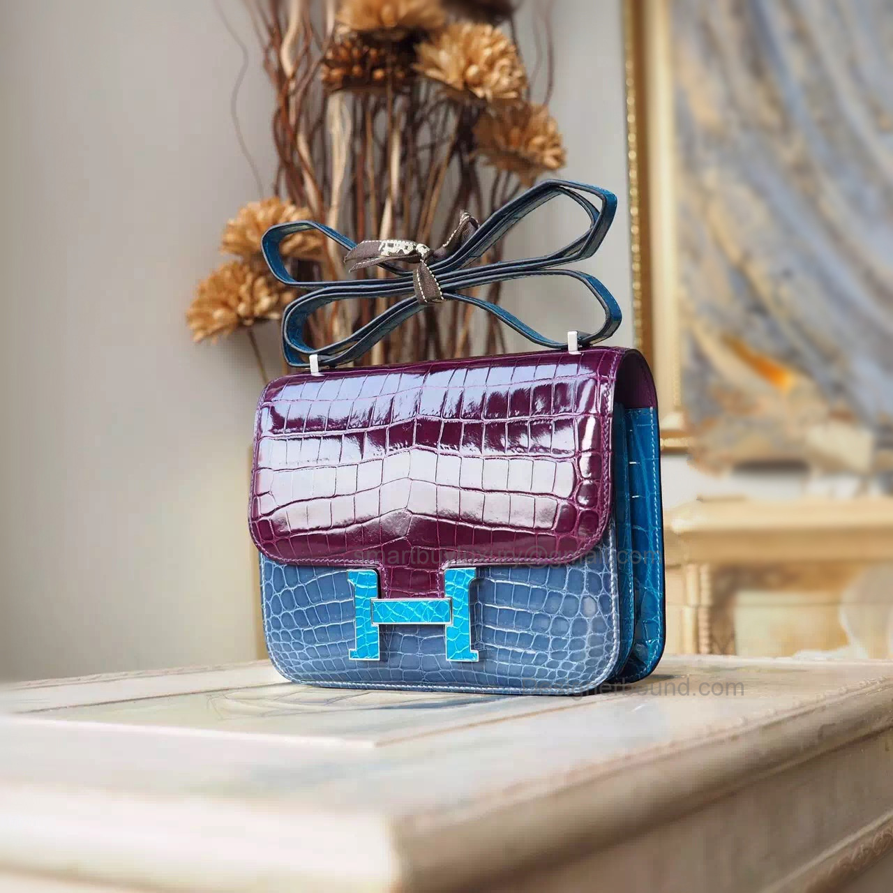 Replica Hermes Mini Constance 18 Bag in Tricolored n5 Cassis Shining Croc PHW
