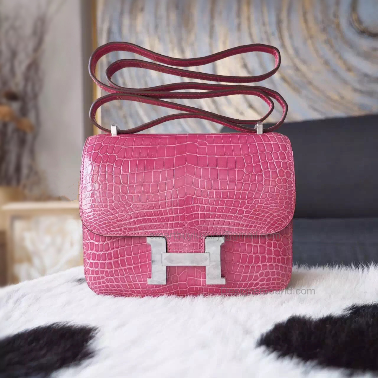 Copy Hermes Mini Constance 18 Bag in 5j Fuschia Pink Shining Porosus Croc PHW