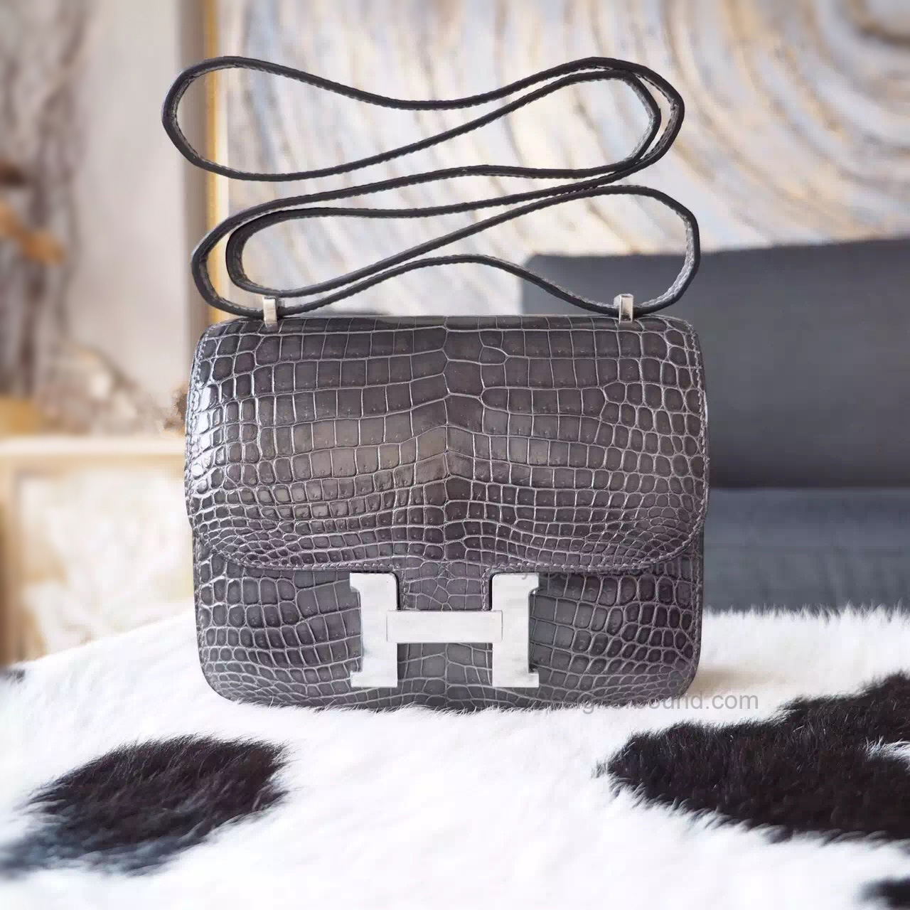 Hermes Mini Constance 18 Bag Hand Stitched in ck88 Graphite Shining Croc PHW
