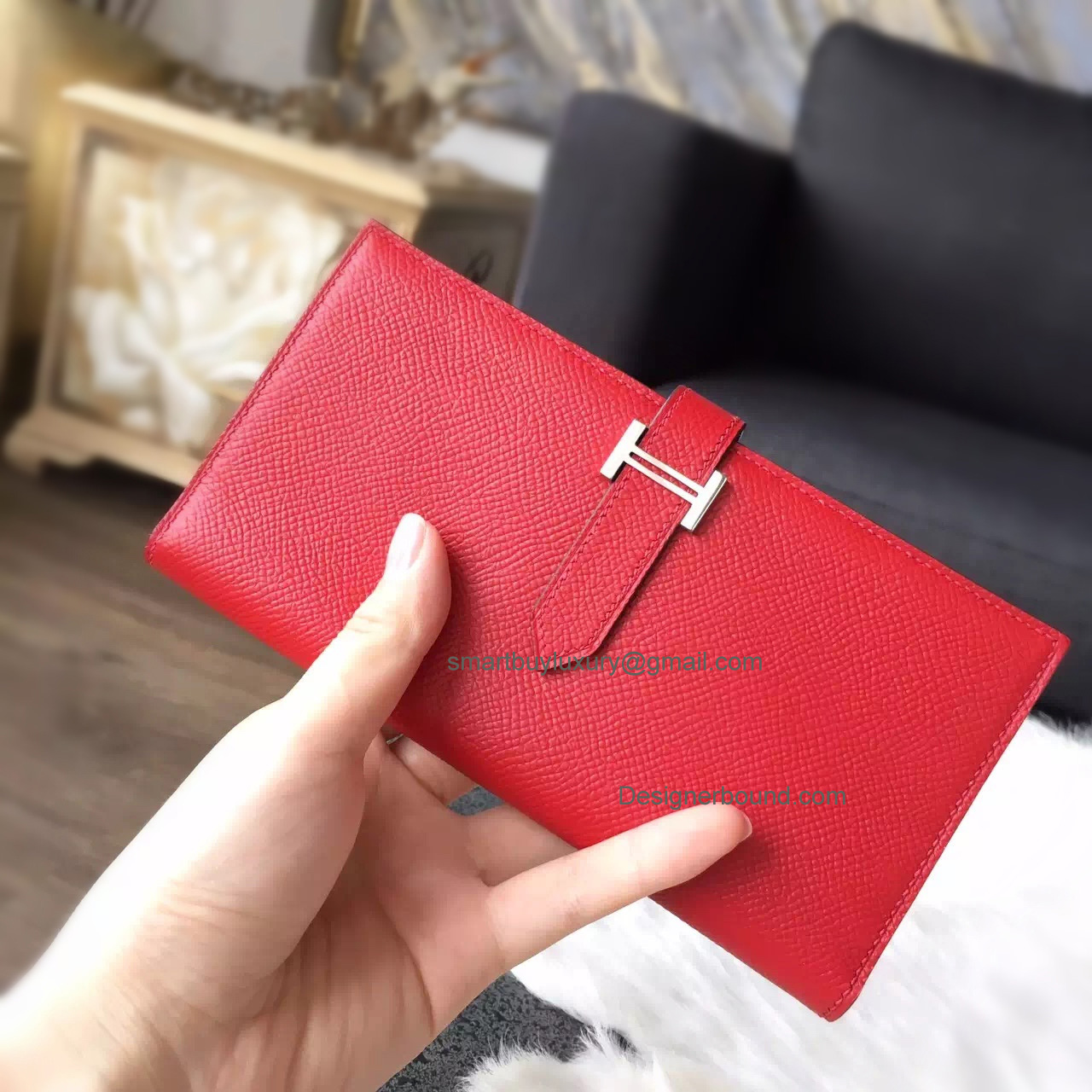 Replica Hermes Bearn Wallet Hand Stitched in q5 Rouge Casaque Epsom Calfskin PHW