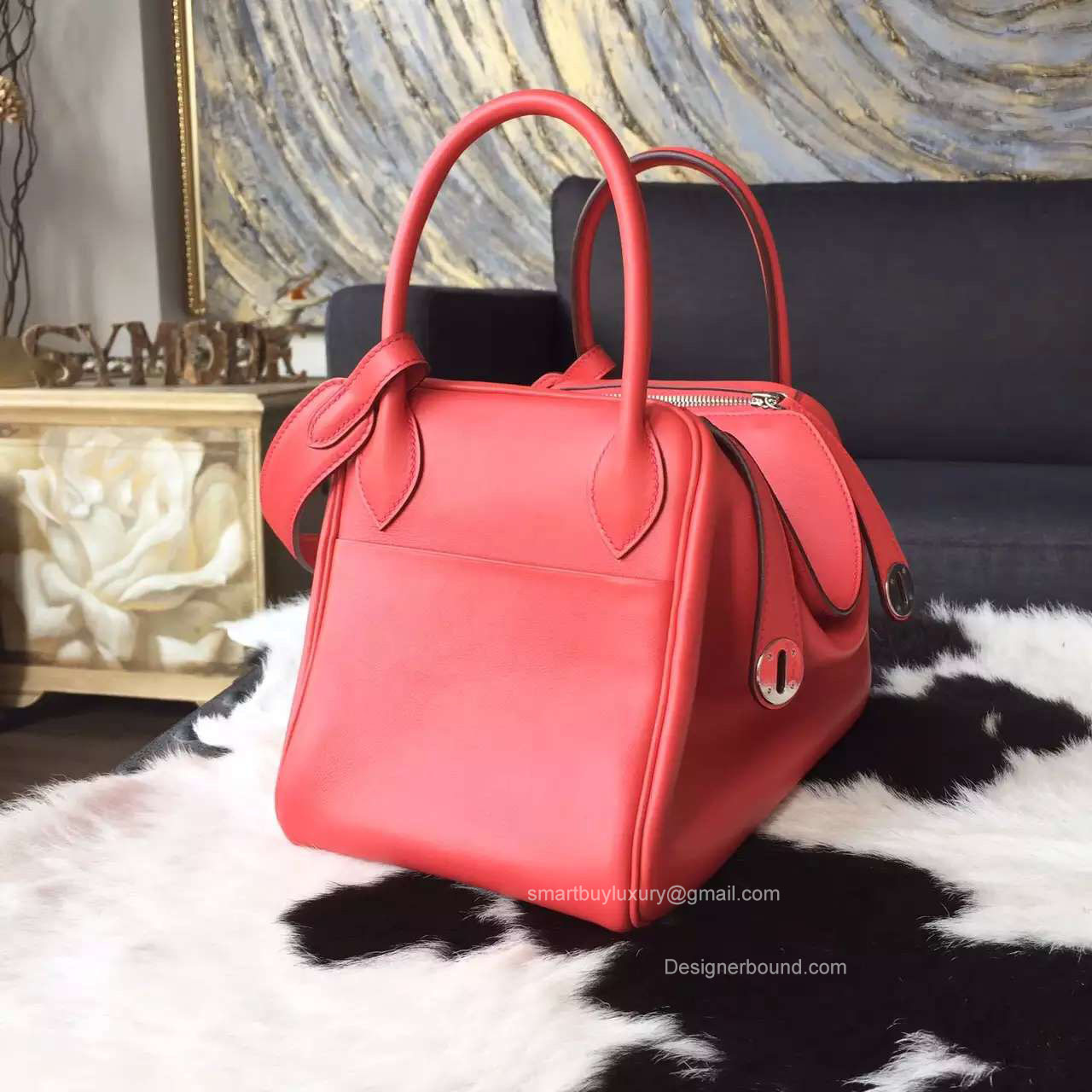 hermes red exotic leathers handbag lindy  