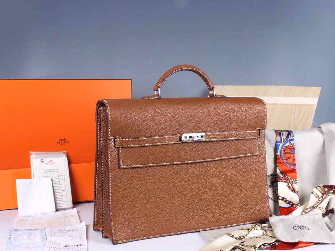 Hermes Kelly Depeche 38 Briefcase Brown Clemence Handstitched Silver hw