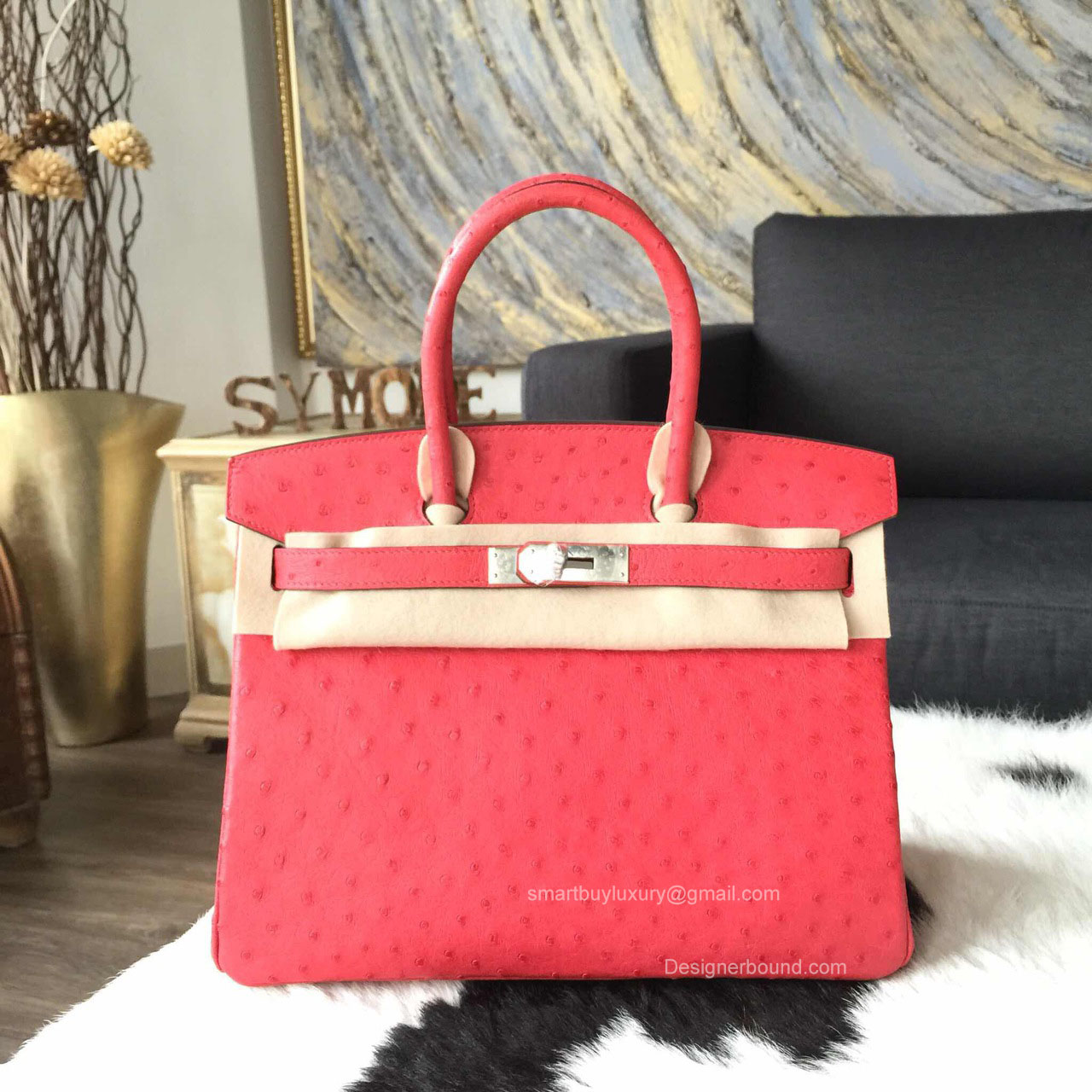Hermes Birkin 30 Bag Bougainvillier Ostrich Leather Handstitched Silver hw