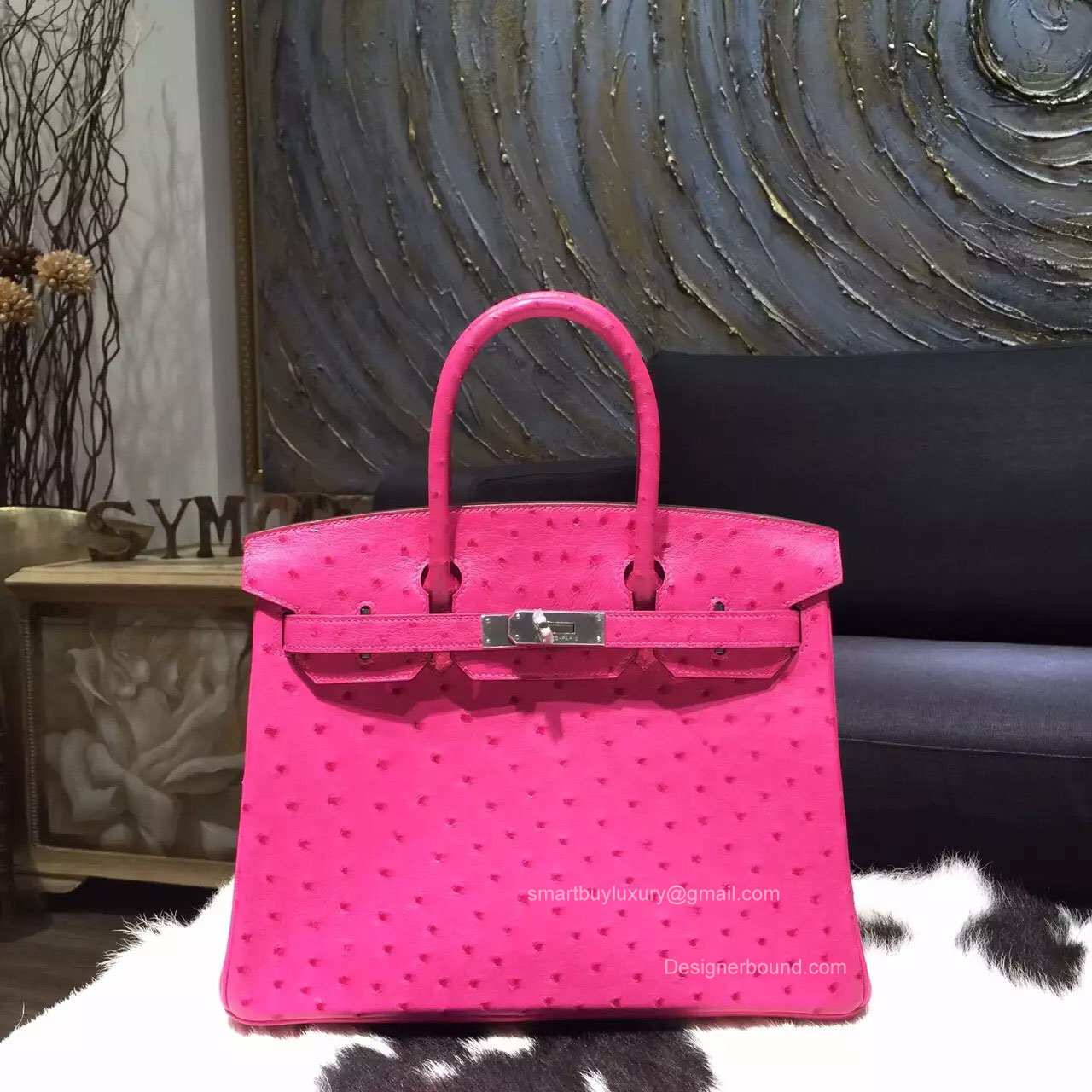 Hermes Birkin 35 Bag Fuschia Ostrich Leather Handstitched Silver hw
