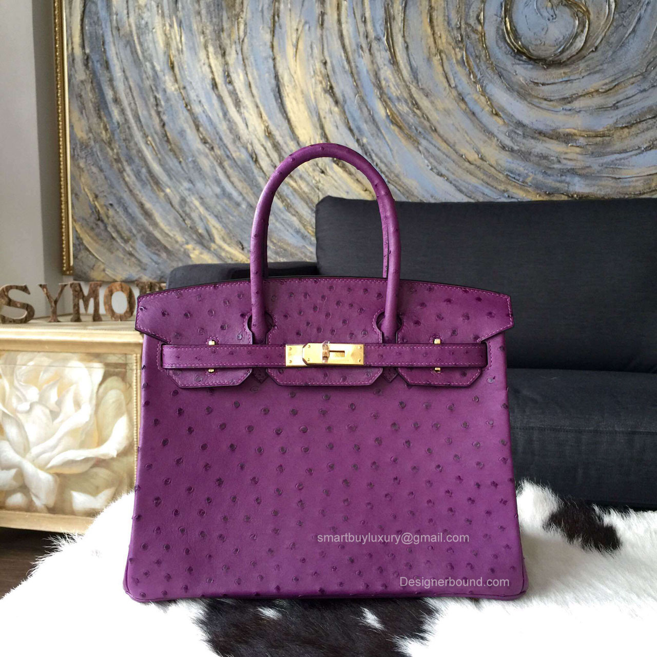 Hermes Birkin 35 Bag Violet Ostrich Leather Handstitched Gold hw