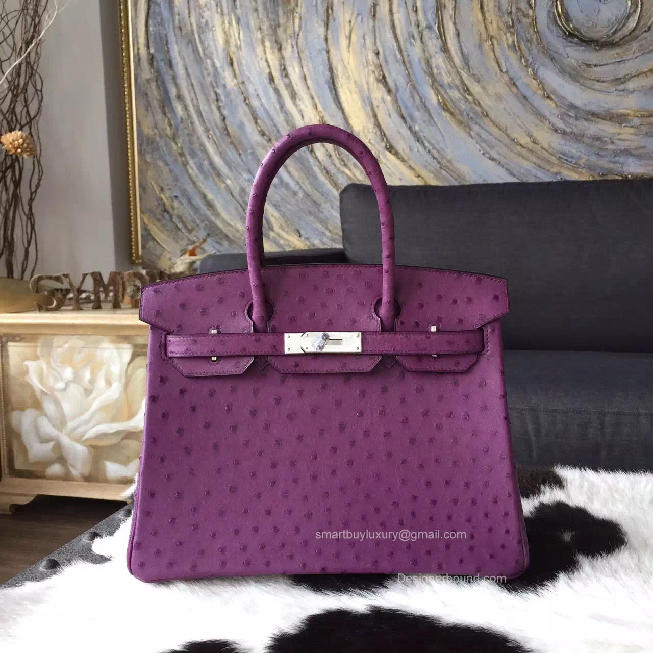 Hermes Birkin 35 Bag Ultraviolet Ostrich Leather Handstitched Silver hw