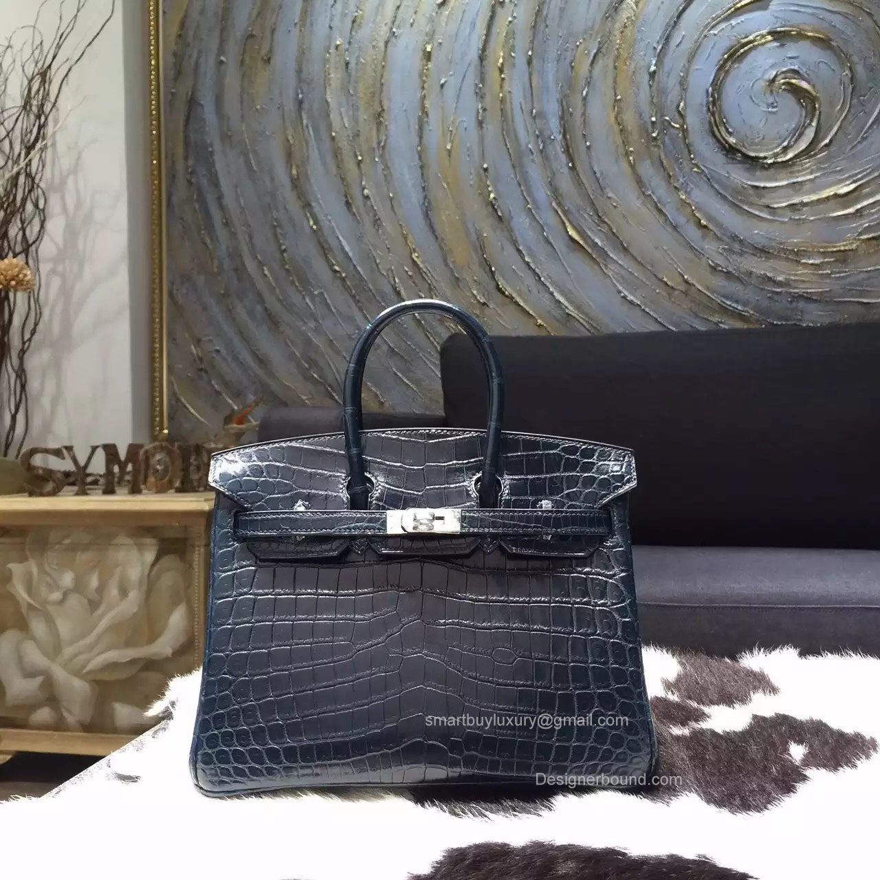 Hermes Birkin 25 Bag Blue Indigo Crocodile Leather Handstitched Silver hw