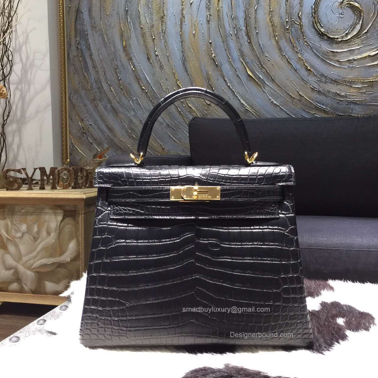 Hermes Kelly 28 Bag Black Crocodile Leather Handstitched Silver hw
