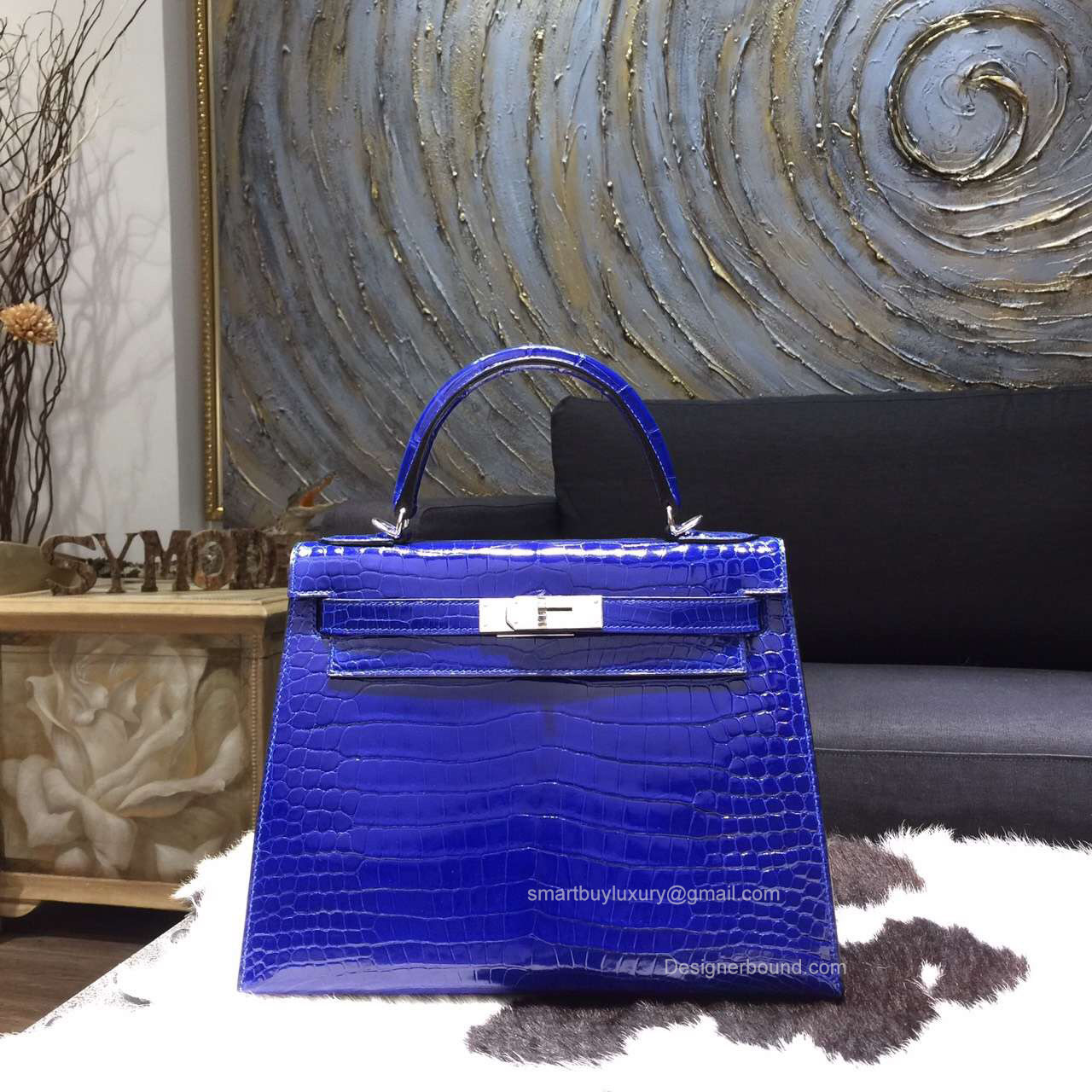 Hermes Kelly 28 Bag Blue Electric 7T Crocodile Leather Handstitched Silver hw