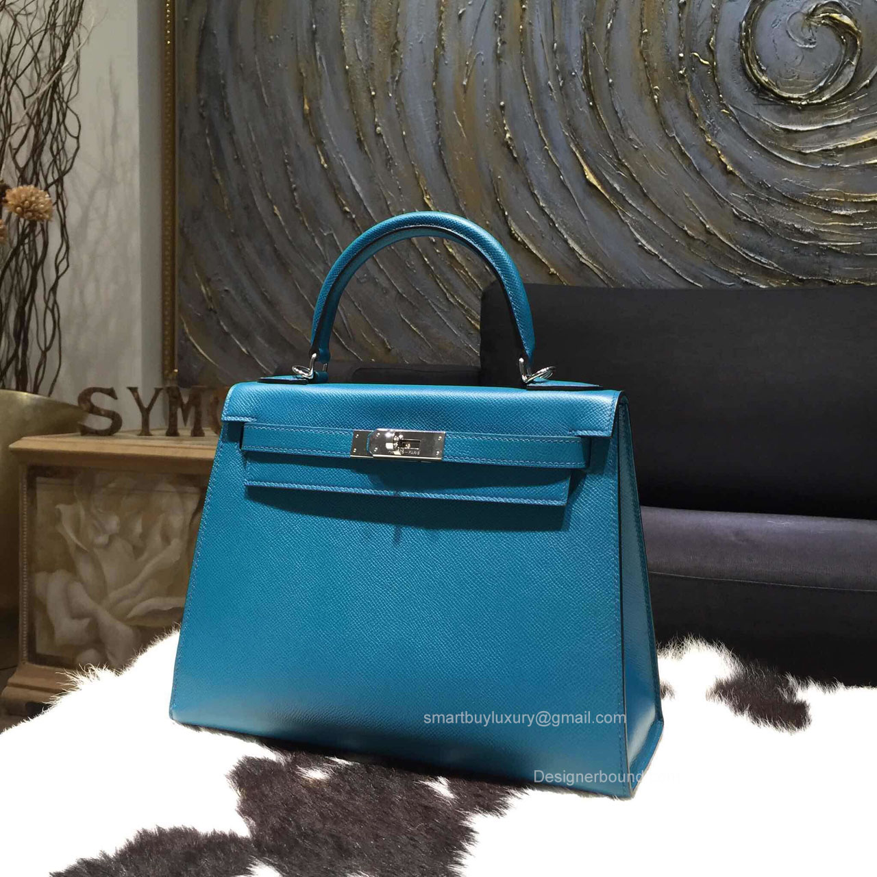 Hermes Kelly 28 Blue Izmir 7W Epsom Leather Handstitched Silver hw