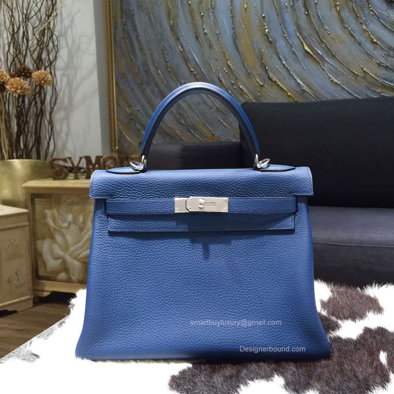 Hermes Kelly 28 Bag Blue De Galice Togo Leather Handstitched Silver hw