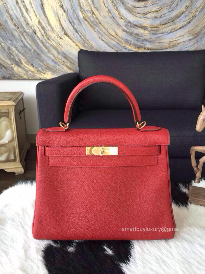 Hermes Kelly 28 Rouge Garance CK54 Togo Leather Handstitched Gold hw