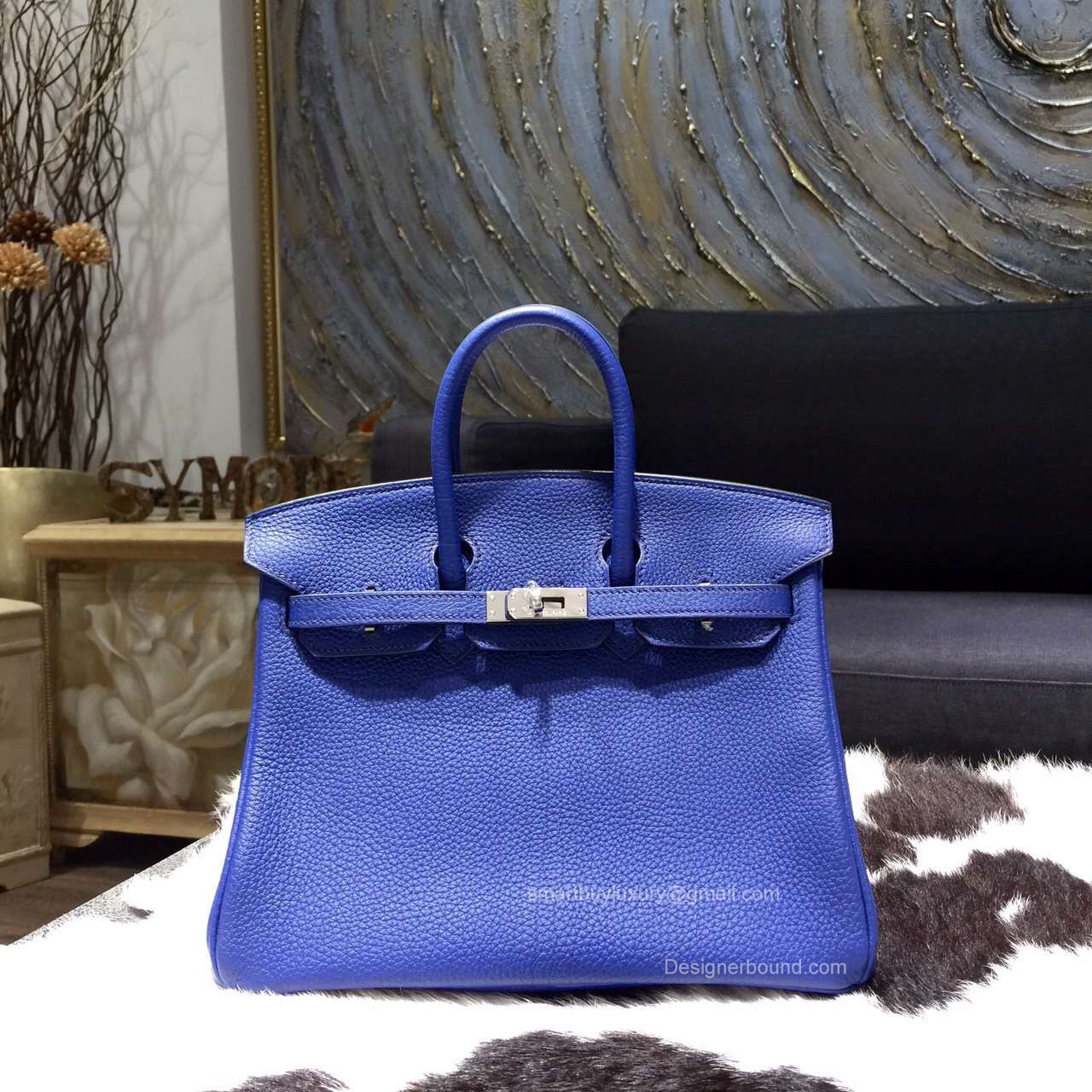 Hermes Birkin 25 Bag Blue Electric 7t Togo Leather Handstitched Silver hw
