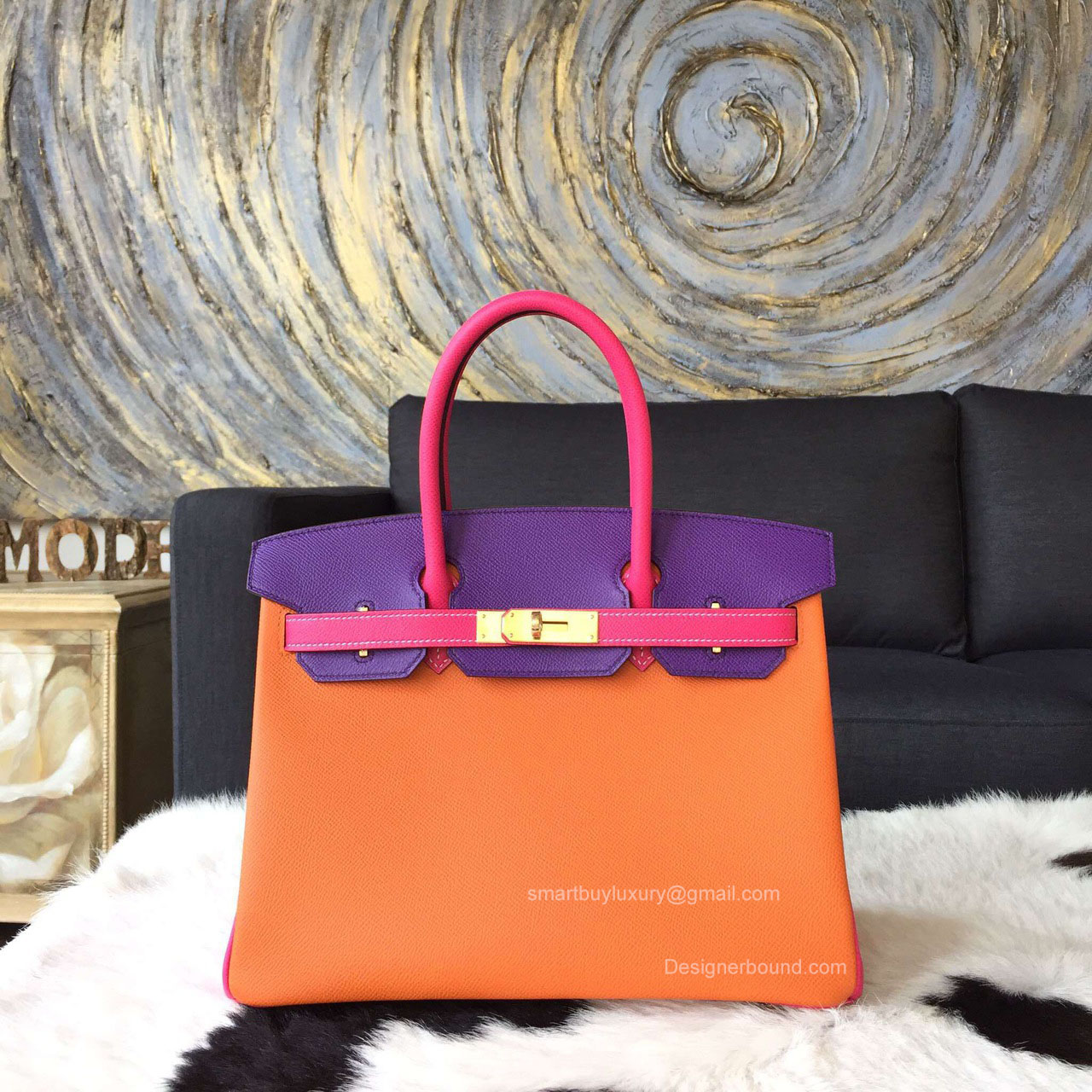 Hermes Birkin 30 Bag Tri-color Mango 9Z Epsom Leather Handstitched Gold hw