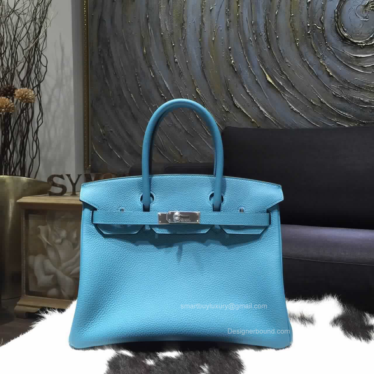 Hermes Birkin 30 Bag Blue Turqouise 7B Togo Leather Handstitched Silver hw