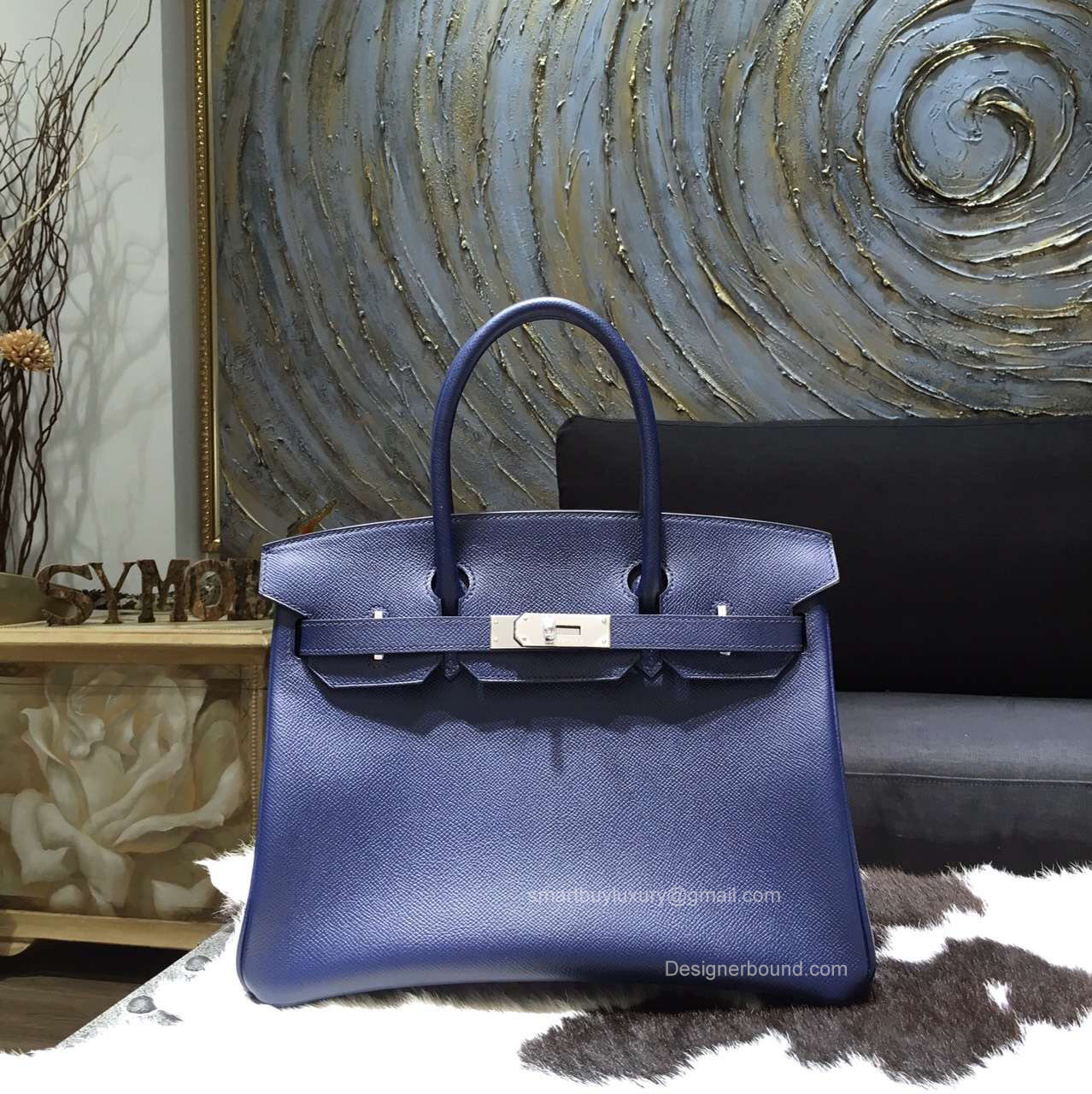 Hermes Birkin 30 Bag Blue Saphir Epsom Leather Handstitched Silver hw