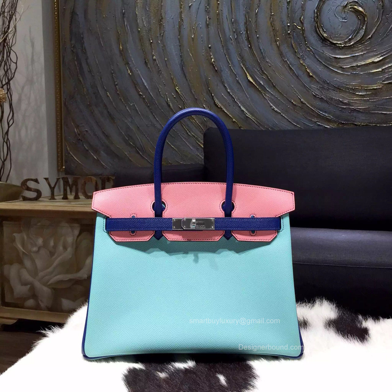 Hermes Birkin 35 Tri-color Blue Atoll Epsom Leather Handstitched Silver hw