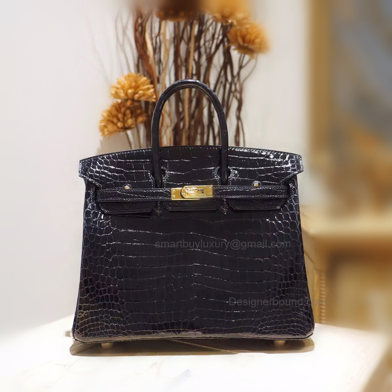 Hand Stitched Hermes Birkin 25 Bag in ck89 Noir Shining Porosus Croc GHW