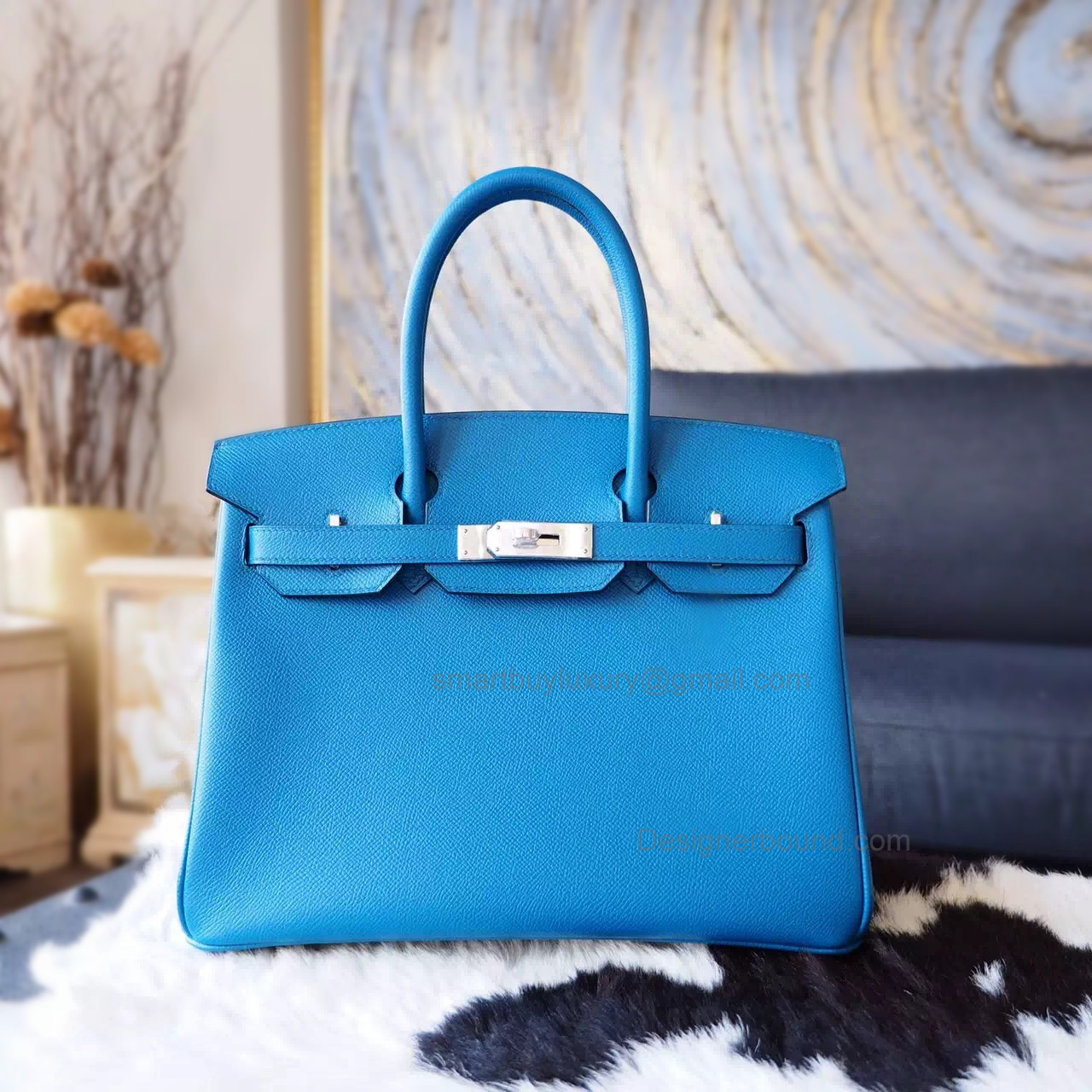 Hand Stitched Hermes Birkin 30 Bag in 7w Blue Izmir Epsom Calfskin SHW