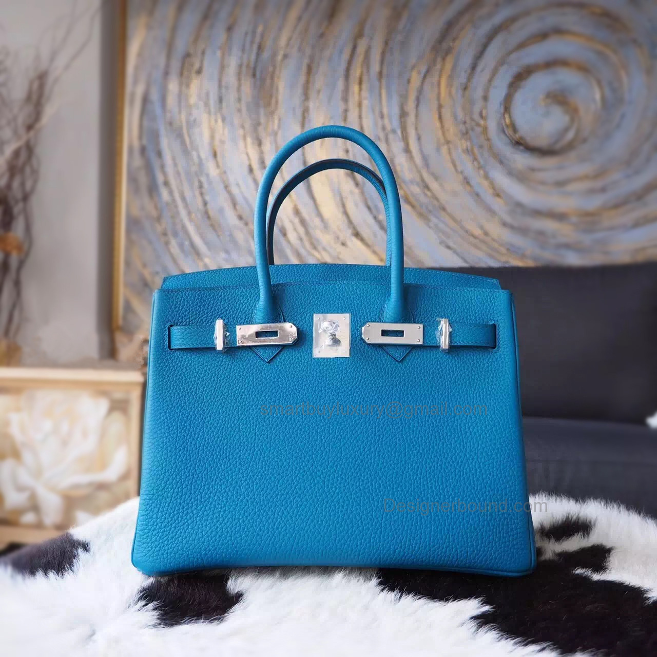 Hand Stitched Hermes Birkin 30 Bag in 7w Blue Izmir Togo Calfskin SHW