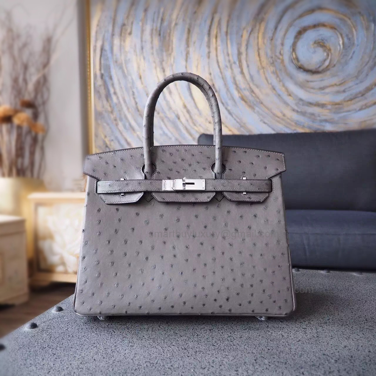 Hand Stitched Hermes Birkin 30 Bag in ck19 Mousse Ostrich SHW