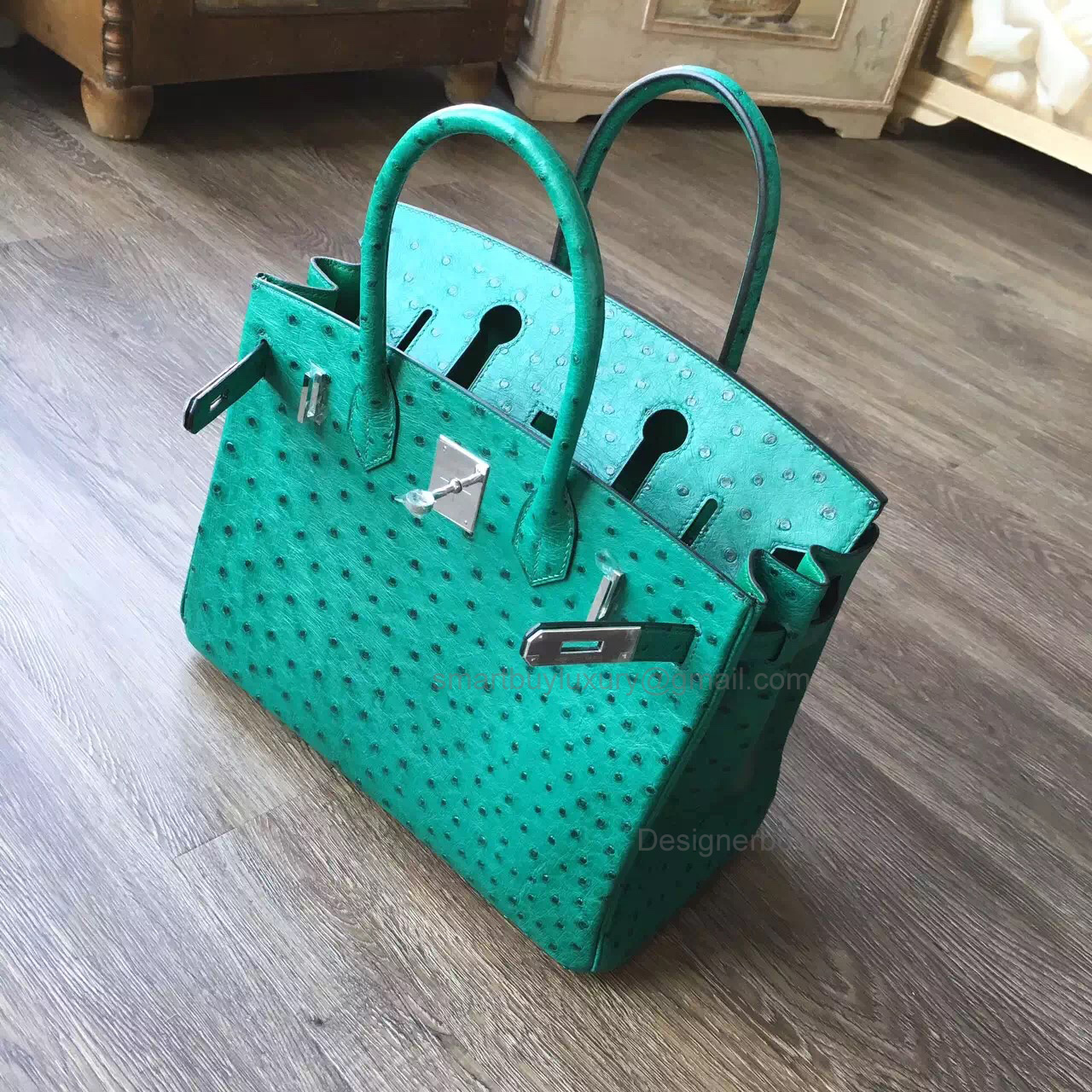 Hand Stitched Hermes Birkin 30 Bag in cc64 Vert Foret Ostrich SHW