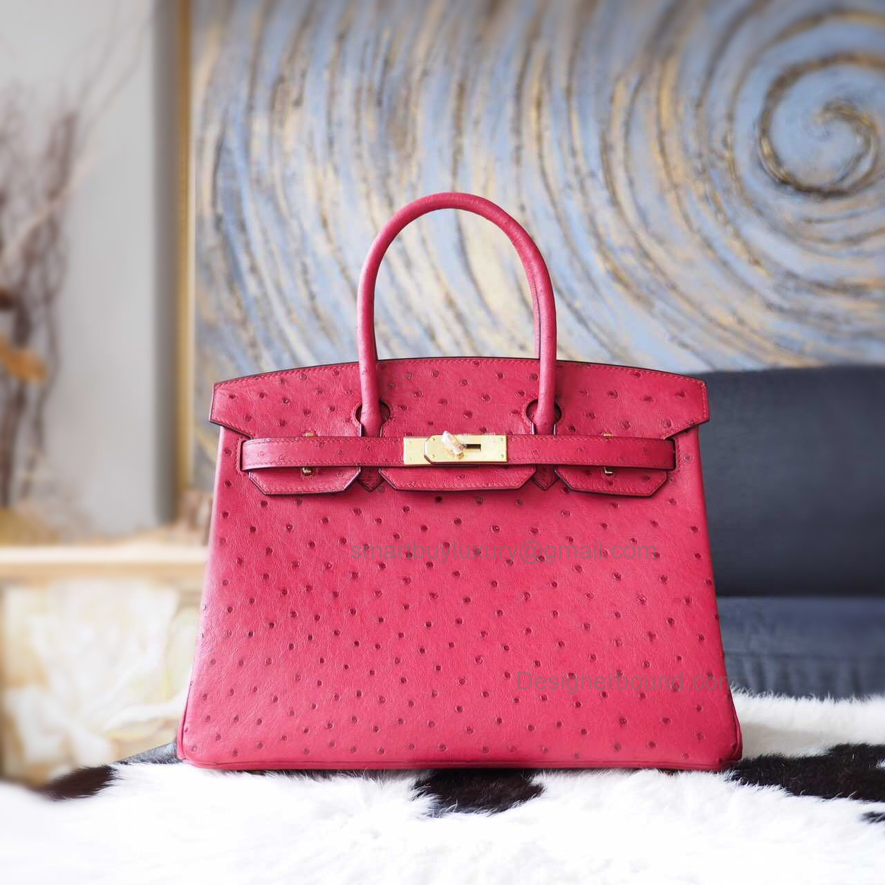 Hand Stitched Hermes Birkin 30 Bag in b5 Ruby Ostrich GHW