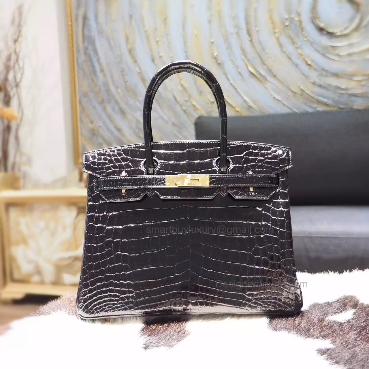 Hand Stitched Hermes Birkin 30 Bag in ck89 Noir Shining Porosus Croc GHW