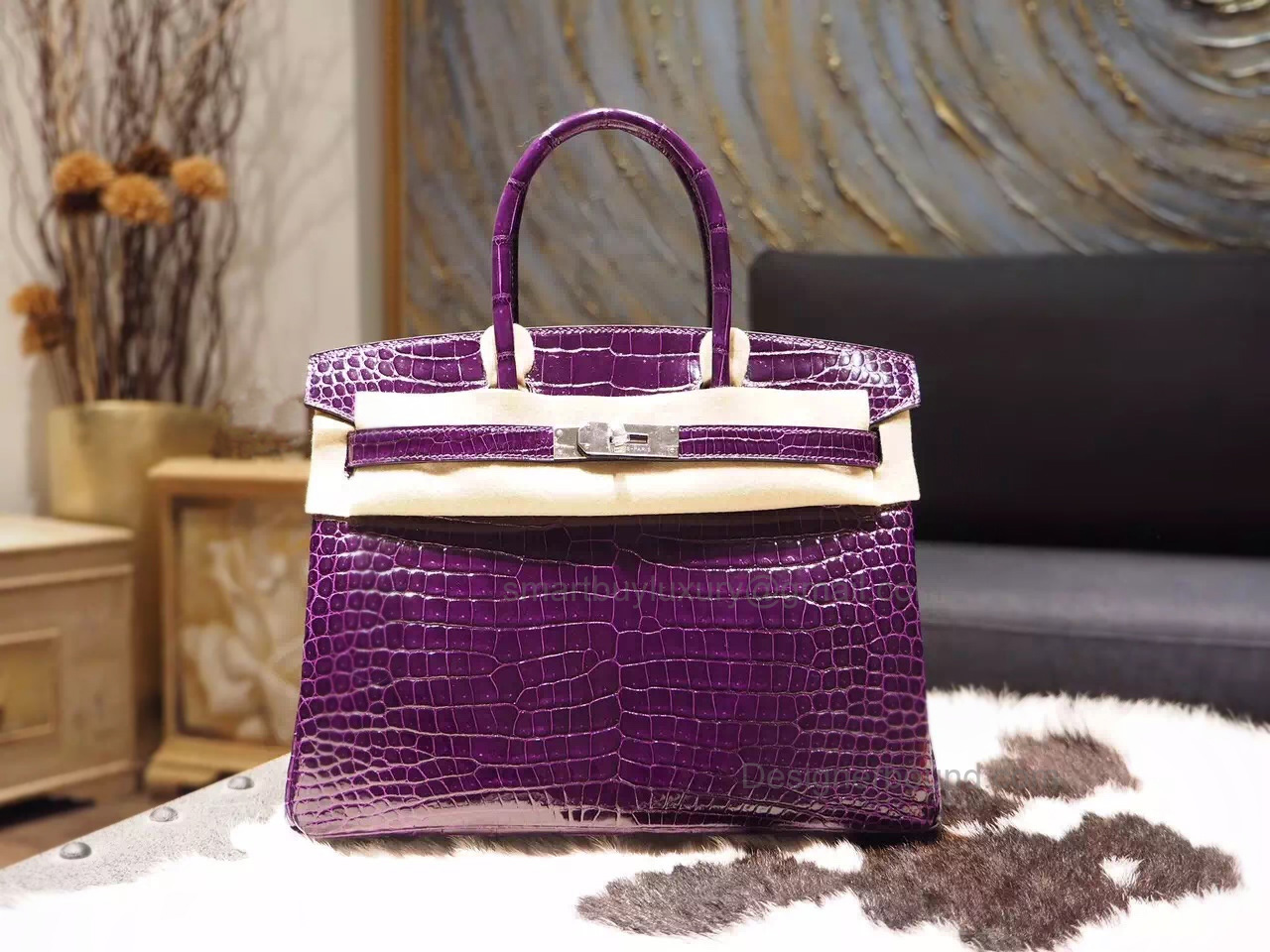 Hand Stitched Hermes Birkin 30 Bag in 9g Amethyst Shining Porosus Croc SHW