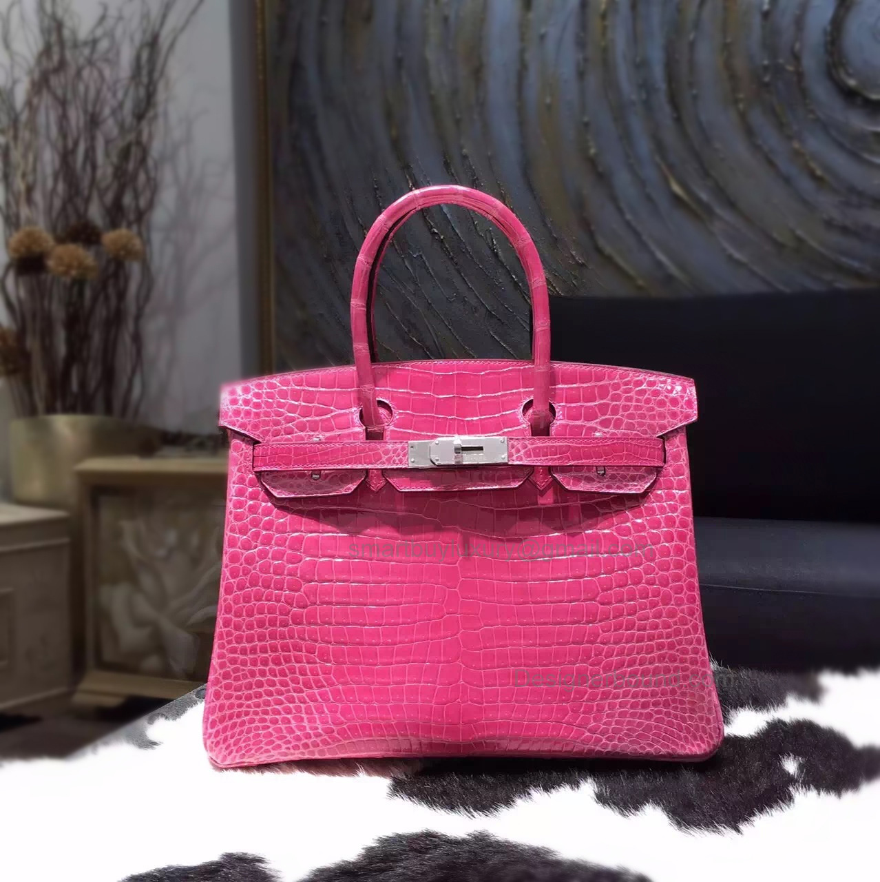 Hand Stitched Hermes Birkin 30 Bag in 5j Fuschia Pink Shining Porosus Croc SHW
