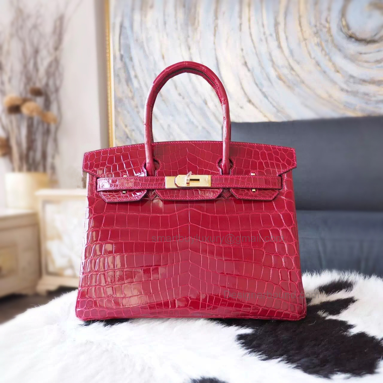 Hand Stitched Hermes Birkin 30 Bag in ck55 Rouge H Shining Niloticus Croc GHW