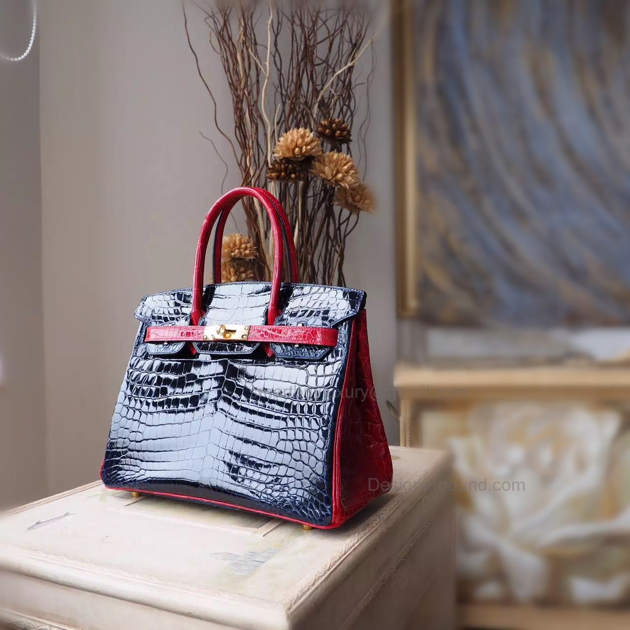 Hand Stitched Birkin 30 Bag in Bicolored ck76 Blue Indigo Shining Nile Croc GHW