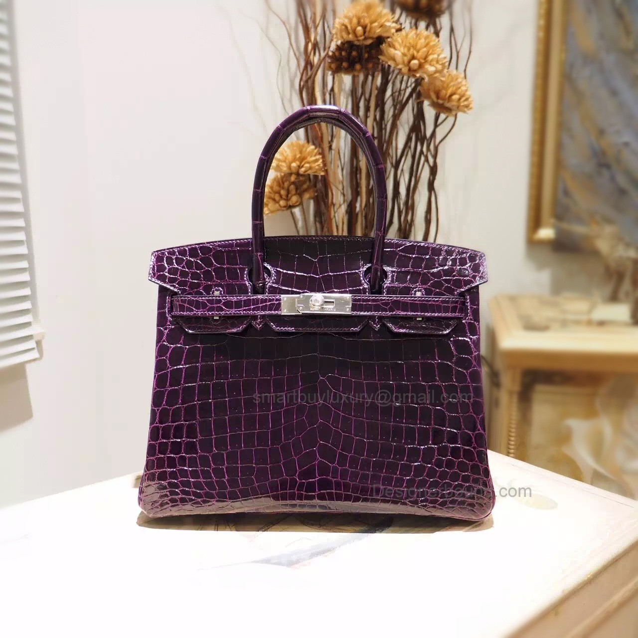 Hand Stitched Hermes Birkin 30 Bag in 9k Amethyst Shining Niloticus Croc SHW