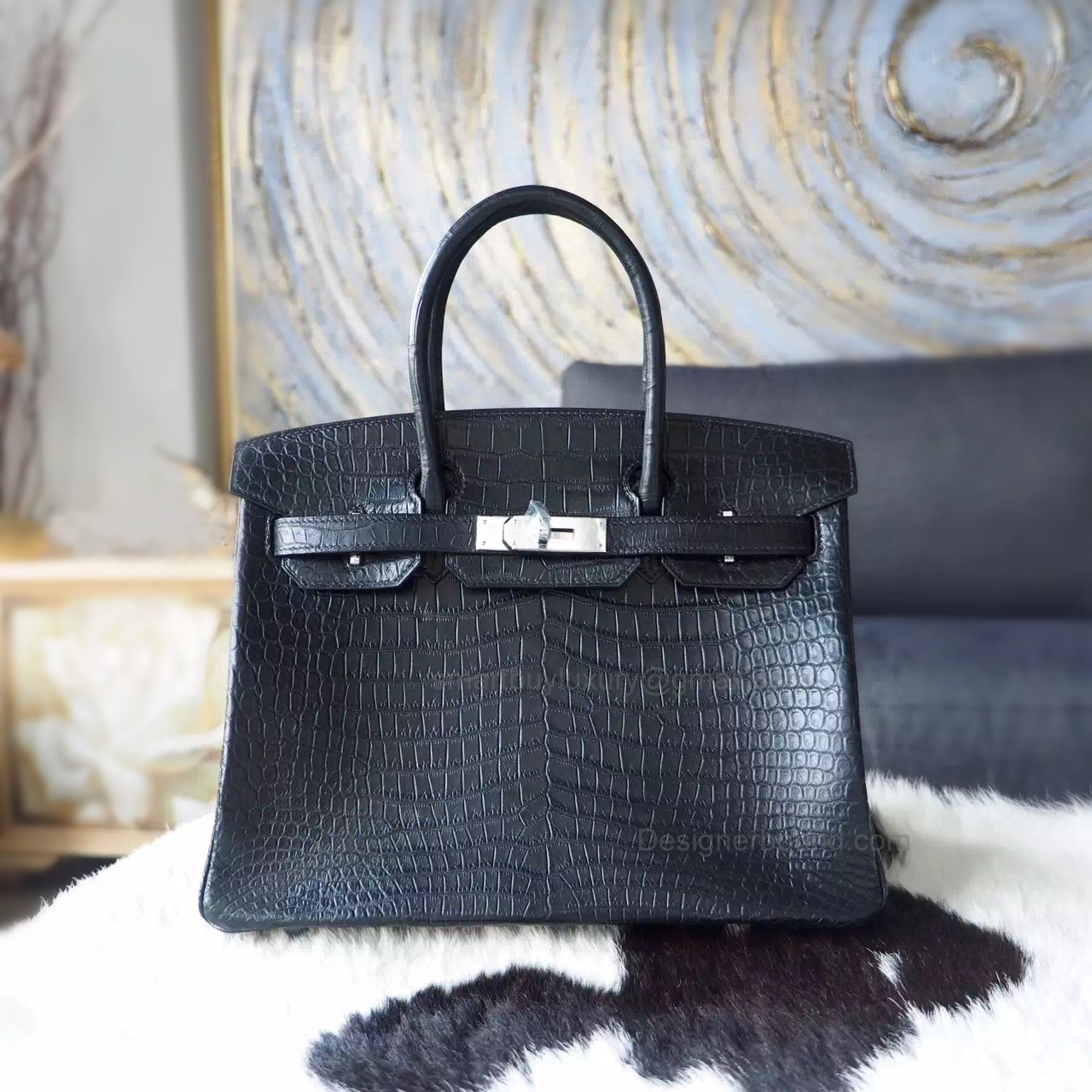 Hand Stitched Hermes Birkin 30 Bag in ck89 Noir Matte Porosus Croc SHW