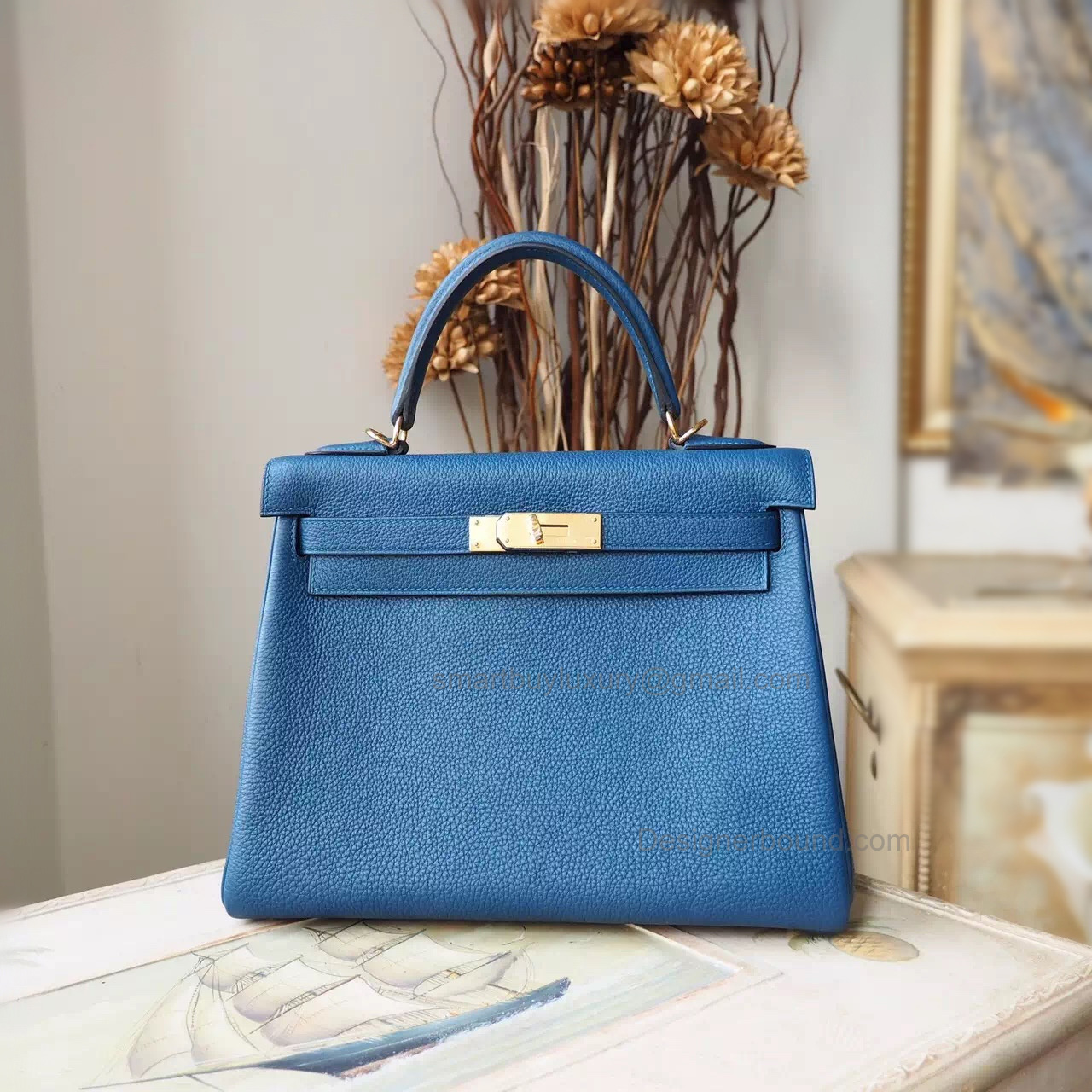 Replica Hermes Kelly 28 Handmade Bag in s7 Blue Galice Togo Calfskin GHW