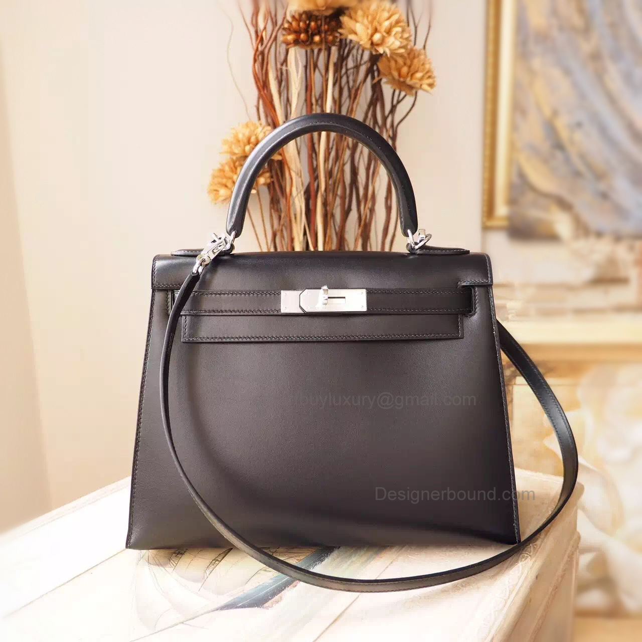 Replica Hermes Kelly 28 Hand Made Bag in ck89 Noir Box Calfskin SHW