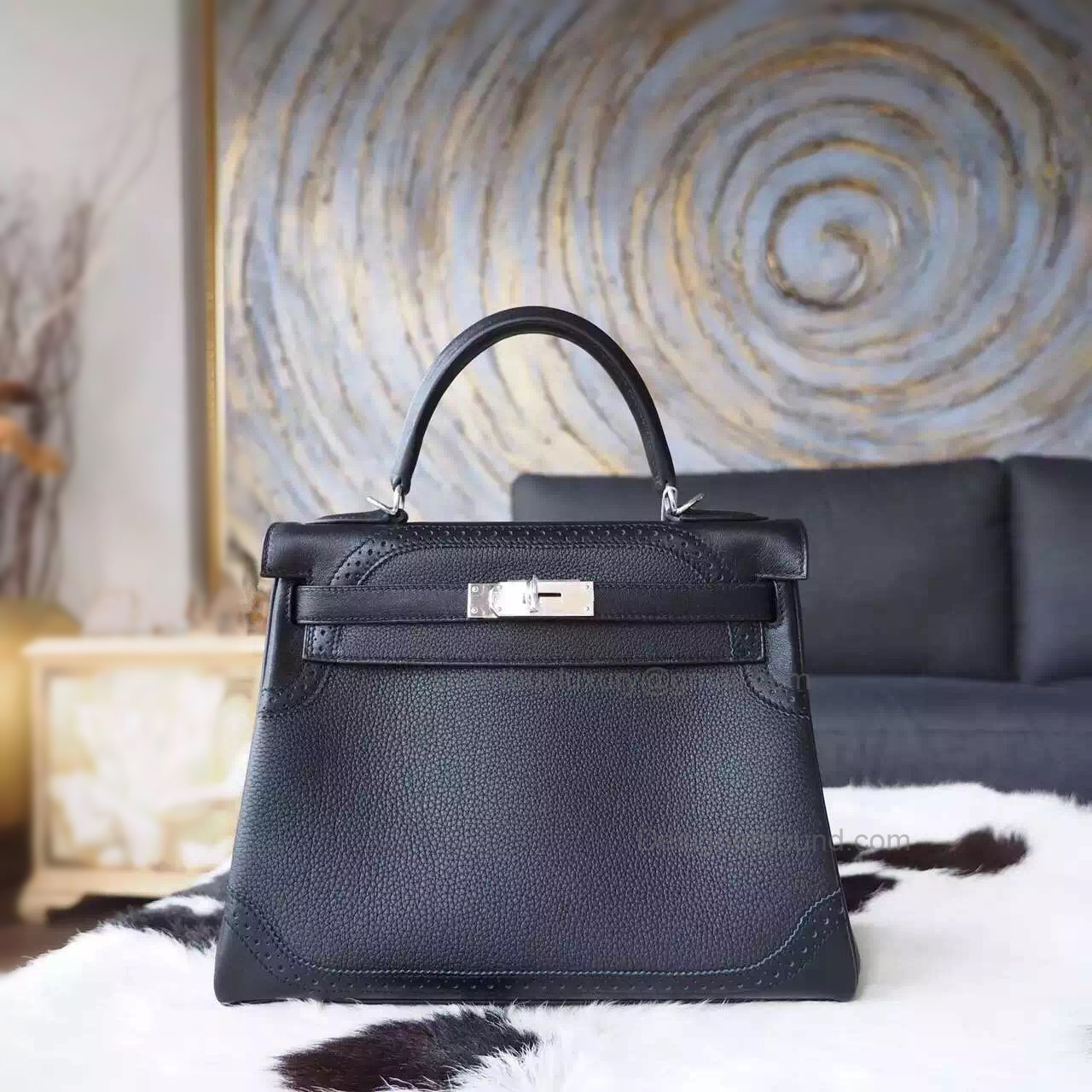 Replica Hermes Kelly 28 Ghillies Bag in ck89 Noir Calfskin SHW