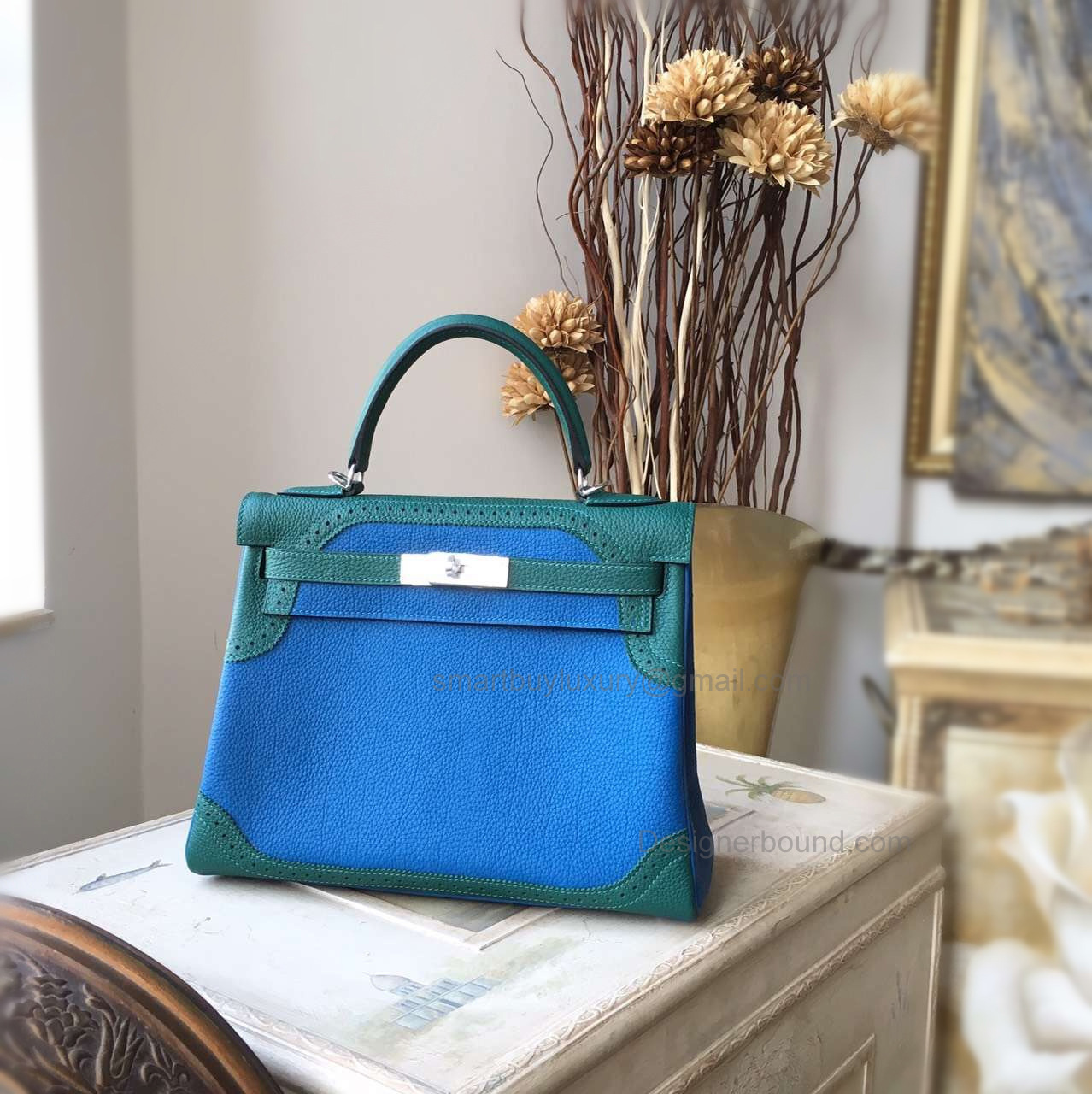 Replica Hermes Kelly 28 Ghillies Bag in Bicolored 7q Mykonos Togo Calfskin SHW