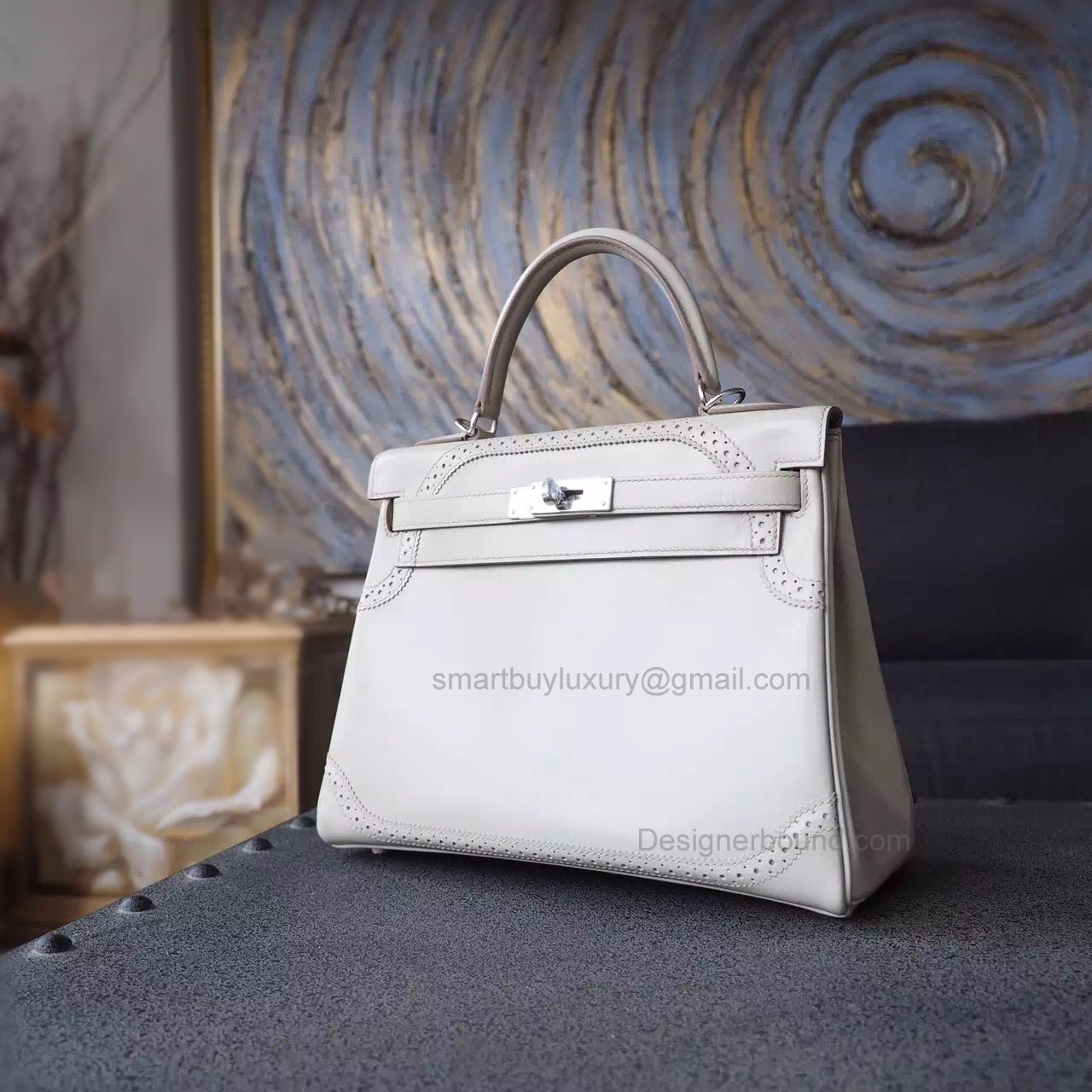 Replica Hermes Kelly 28 Ghillies Bag in cc01 Blanc Takelakt Calfskin SHW