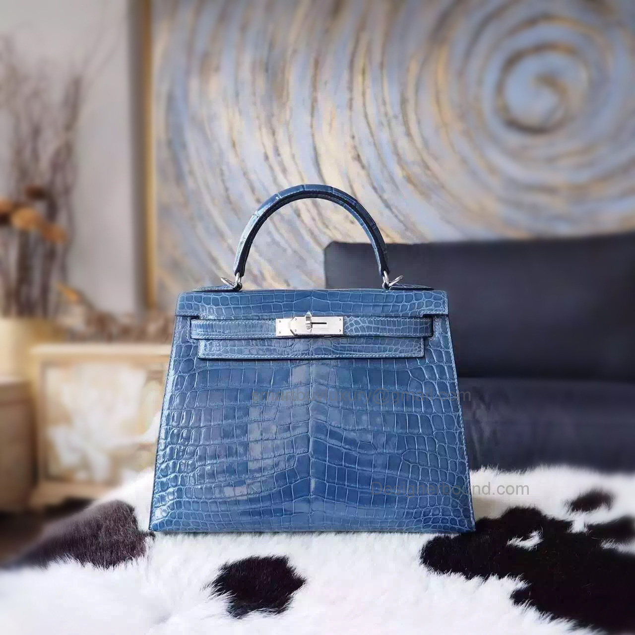 Replica Hermes Kelly 28 Bag Handmade in n7 Blue Tempete Shining Nile Croc SHW