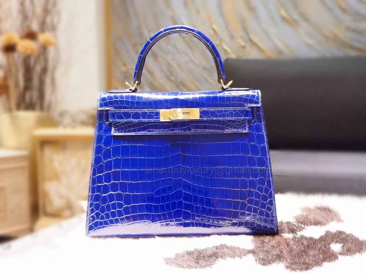 Copy Hermes Kelly 28 Bag Handmade in 7t Blue Electric Shining Nile Croc GHW
