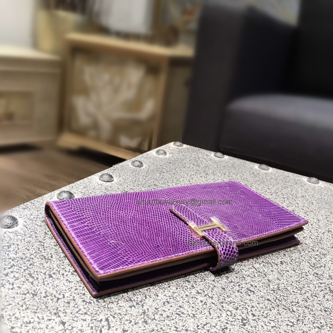 Replica Hermes Bearn Wallet Hand Stitched in p9 Anemone Lizard Leather GHW