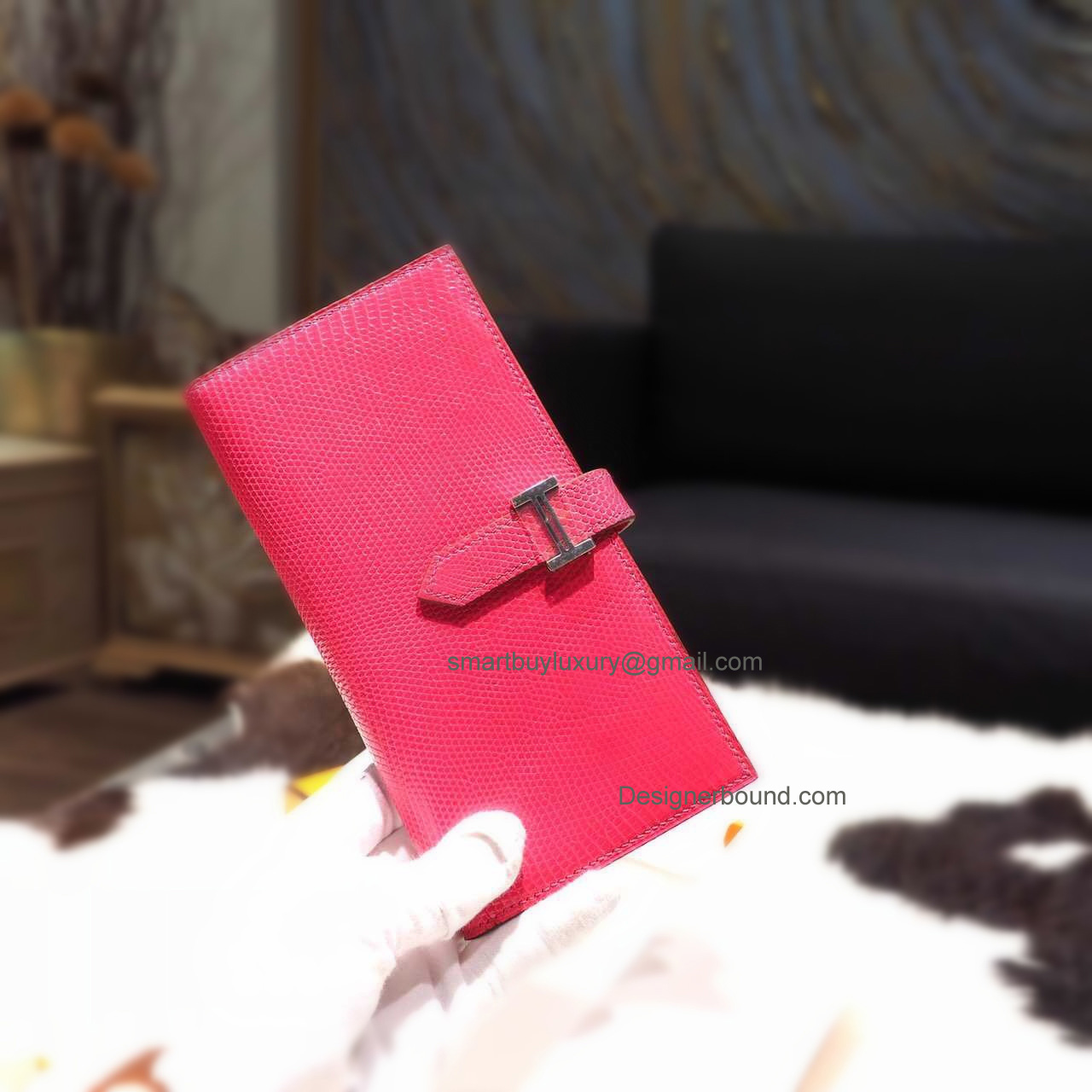 Replica Hermes Bearn Wallet Hand Stitched in 5j Fuschia Pink Lizard Leather PHW