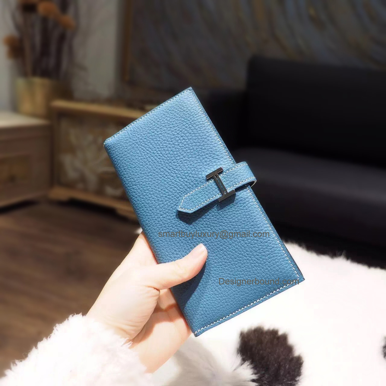 Replica Hermes Bearn Wallet Hand Stitched in ck75 Blue Jean Togo Calfskin PHW