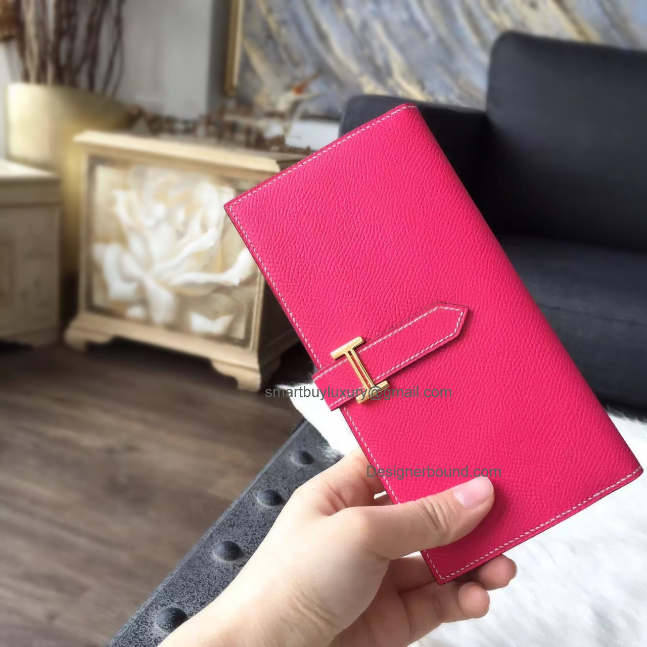 Replica Hermes Bearn Wallet Hand Stitched in e5 Rose Tyrien Epsom Calfskin GHW