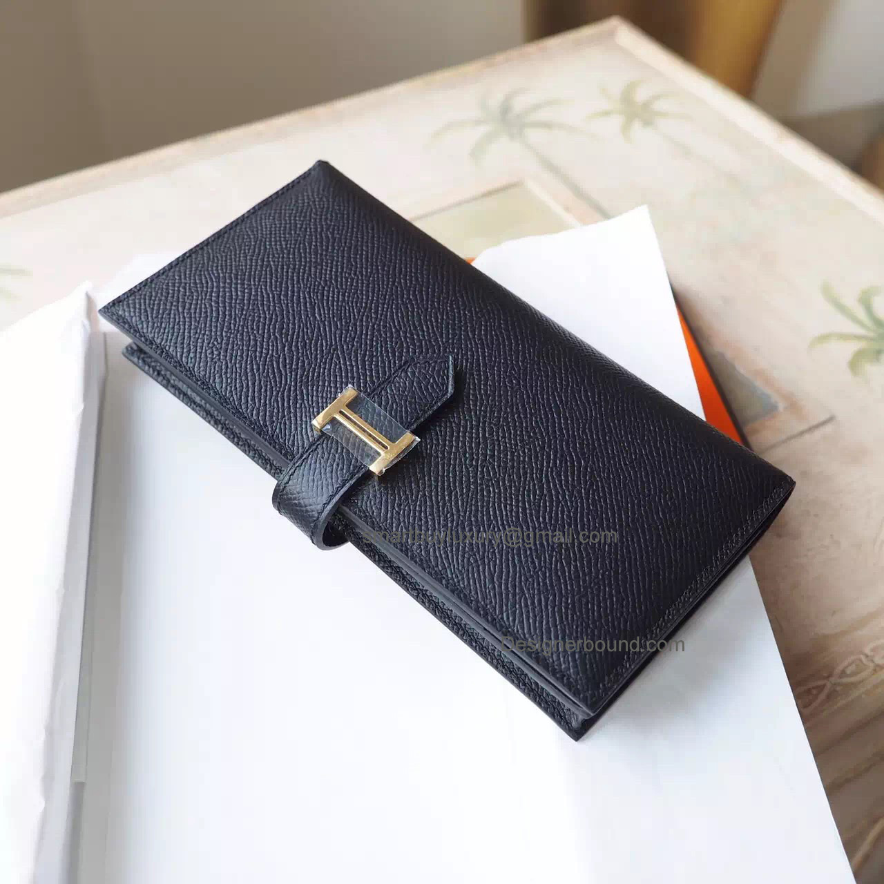 Hermes Bearn Wallet Hand Stitched in ck89 Noir Epsom Calfskin GHW