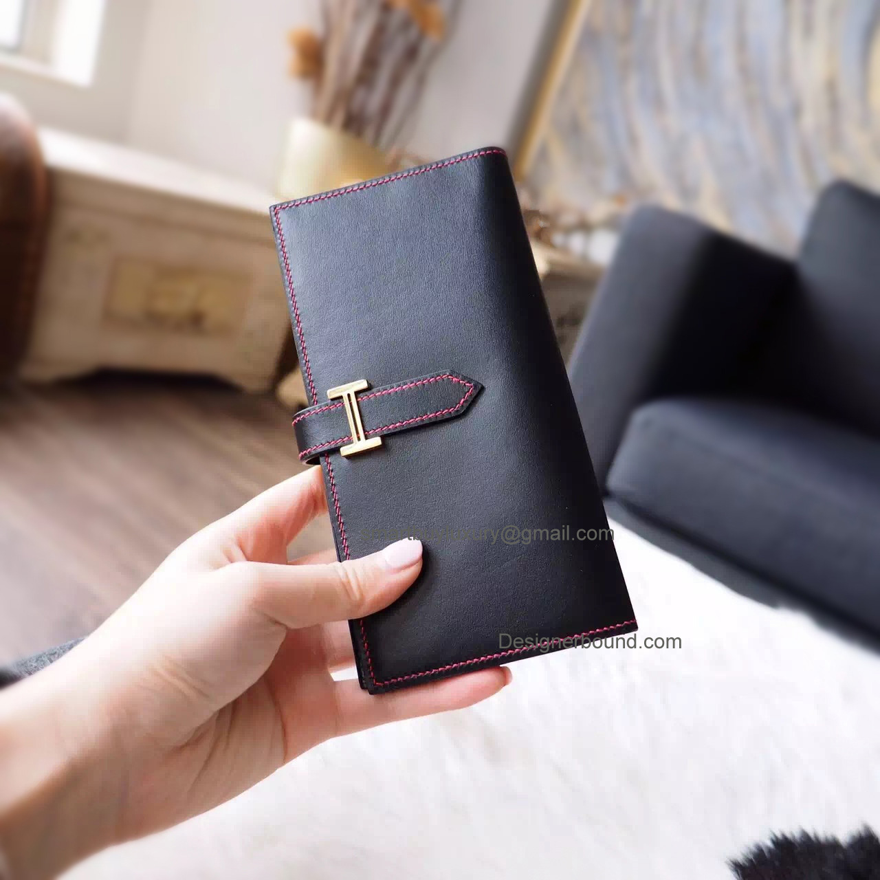 Replica Hermes Bearn Wallet in ck89 Noir Box Calfskin PHW with Red Stitching