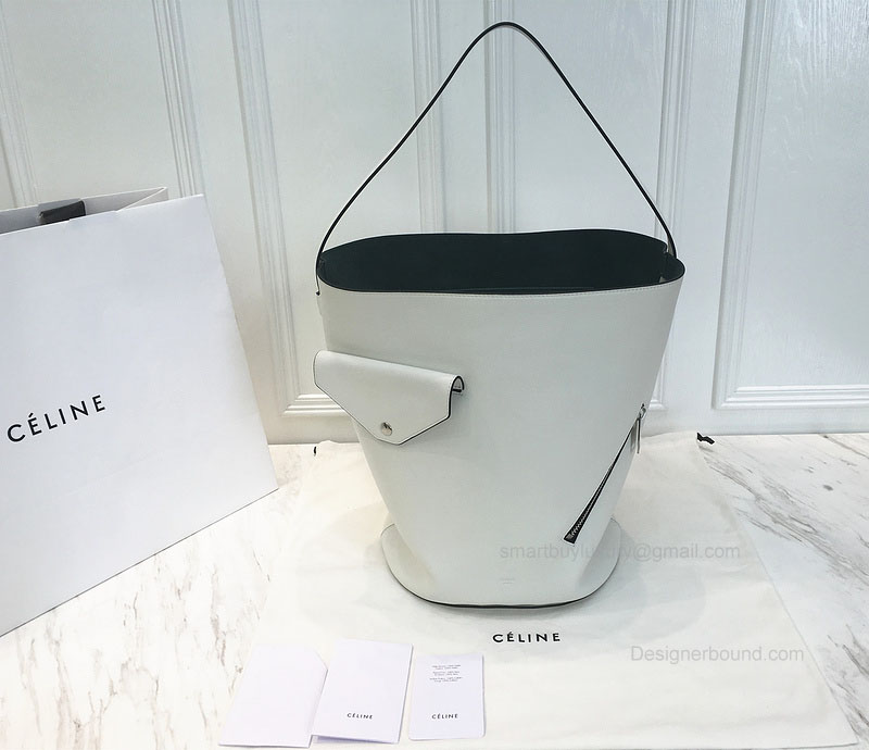 Celine Bucket Biker Shoulder Bag in White and Dark Grean Natural Calfskin